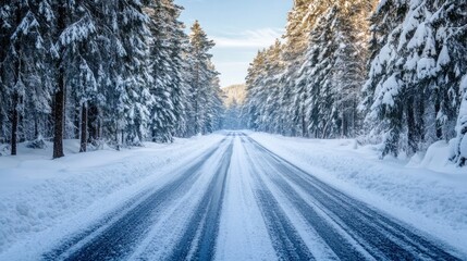 Obraz premium Winter road journey through snowy pine forest tranquil landscape scenic viewpoint nature photography