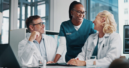 Hospital, happy and doctors in meeting for consulting, teamwork and medical advice. Healthcare,...