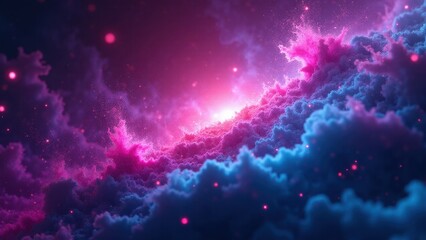 Fototapeta premium A vibrant cosmic scene with pink and blue nebulae, glowing particles, and a bright light source in the center, creating a mesmerizing and otherworldly atmosphere.