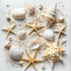 "Diverse Collection of Seashells and Starfish – Showcasing the Beauty of Marine Life"