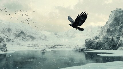 Obraz premium Black Crow Flying Over Snowy Mountains And Frozen Lake