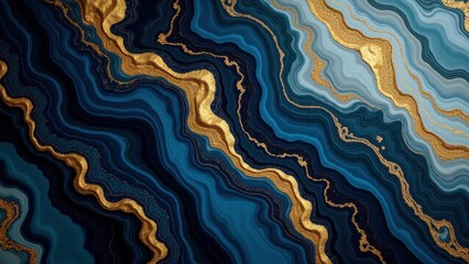 Fototapeta premium Abstract image with flowing blue and gold patterns resembling marble or agate.