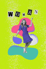 Vertical photo collage picture young standing smiling lady dance posing cute dress painted outfit woman day white background