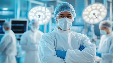 A healthcare professional stands confidently with arms crossed in a surgical room. The atmosphere is sterile, illuminated by bright surgical lights, while colleagues prepare for procedures.