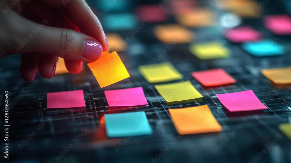 Poster A hand is placing a colorful sticky note on a grid of assorted vibrant notes, showcasing creativity and organization in a workspace