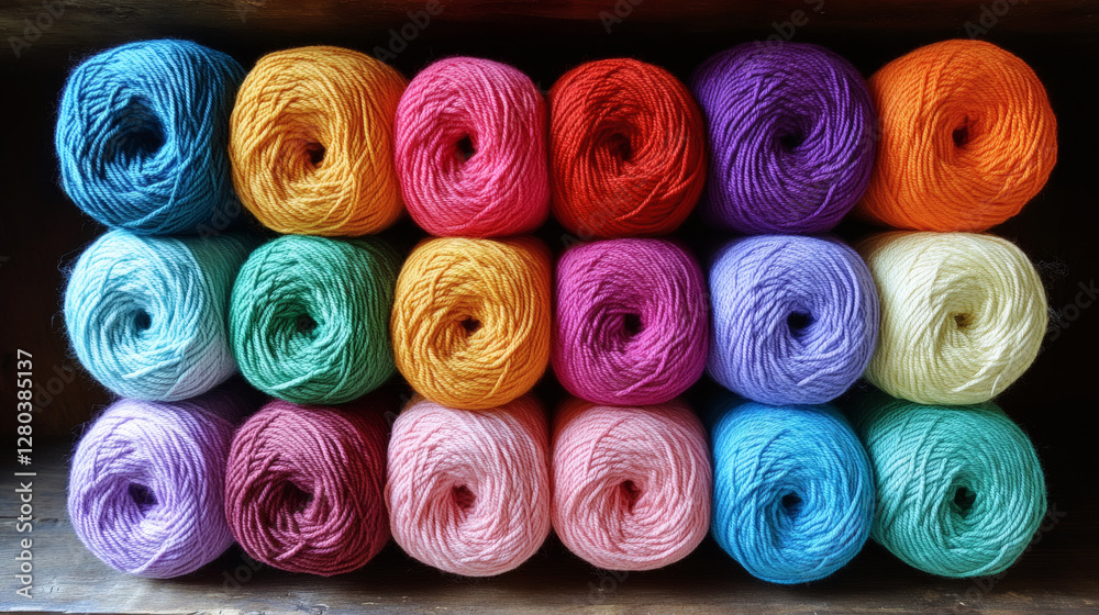 Poster a vibrant display of colorful yarn rolls arranged in rows, perfect for knitting and crafting project