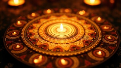 Fototapeta premium A beautifully intricate mandala design with a central lit candle surrounded by smaller candles, creating a warm and serene ambiance.