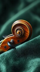 Violin scroll close-up on emerald green fabric