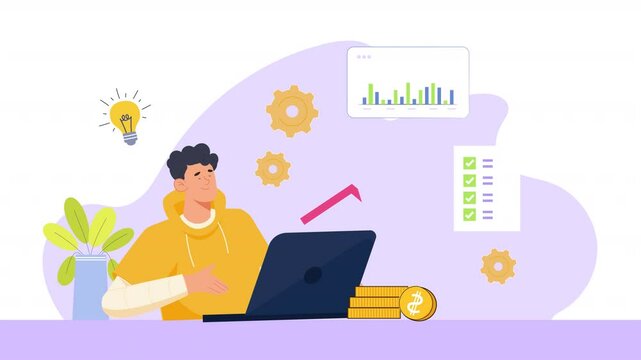 Flat scene animation illustrating the concept of microfinance, showing individuals or businesses accessing small loans to start or expand their ventures.