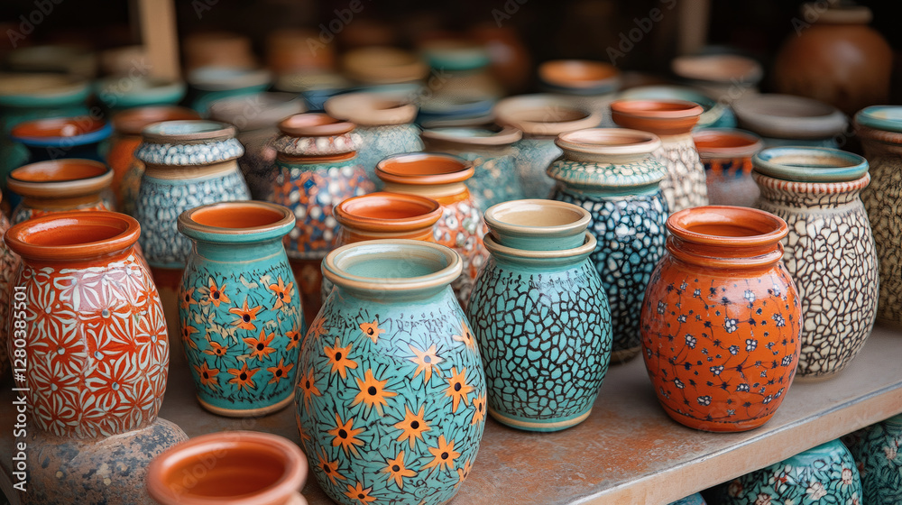 Poster A vibrant collection of decorative pottery featuring various colors and intricate patterns, showcasing craftsmanship and artistic design