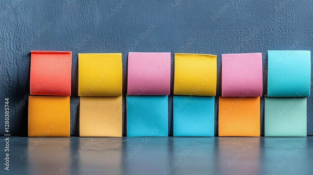 Poster colorful sticky notes arranged in a row against a textured blue background, ideal for organization a