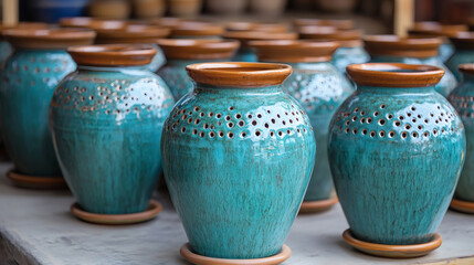 A collection of beautifully crafted turquoise pottery vases with intricate perforations, showcasing artistic design and craftsmanship