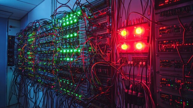 A server room with overloaded circuits and blinking warning lights.