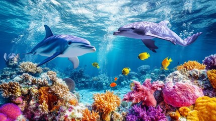Fototapeta premium Two Dolphins Swimming Over Vibrant Coral Reef in a Turquoise Ocean