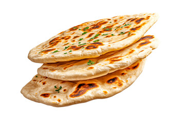 Set of naan bread showcasing its golden crust and herbs, isolated on white transparent background, concept of food.