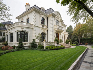 old house in the garden, Old white colored town house with green lawn