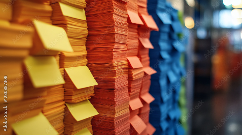 Poster colorful stacks of sticky notes in vibrant hues create an organized and creative workspace atmospher