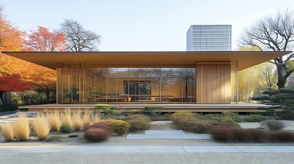 Obraz premium Modern Wooden Pavilion Nestled Within Autumnal Gardens