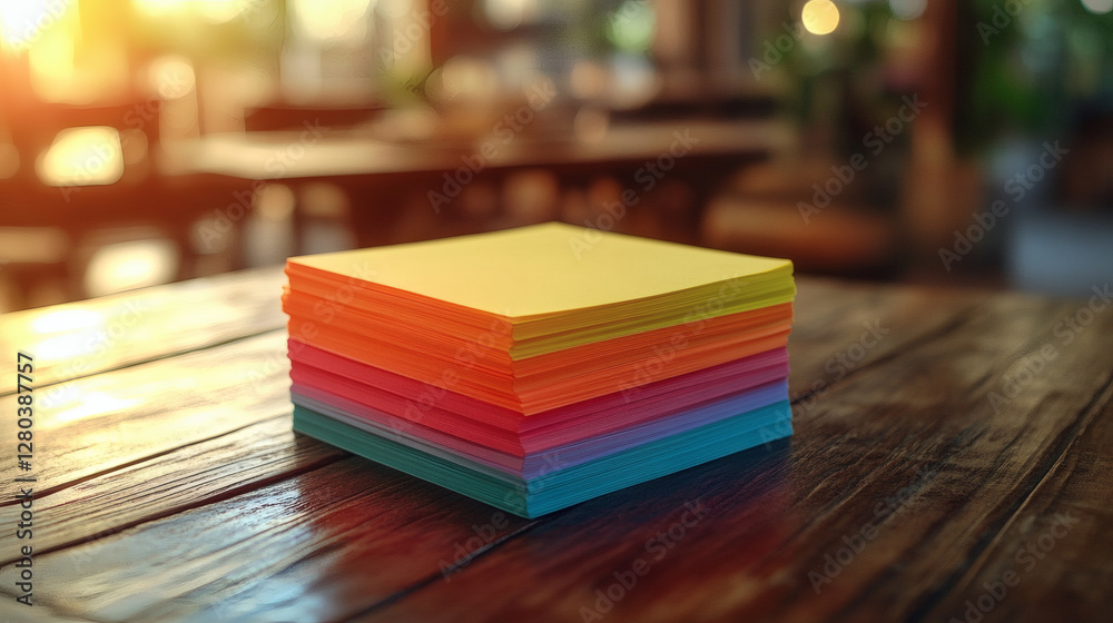 Aufkleber A vibrant stack of colorful sticky notes rests on a wooden table, illuminated by warm sunlight, creating a cozy and inviting atmosphere