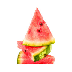 Watercolor painting, vibrant watermelon slices, juicy fruit, stacked triangular pieces, bright red...