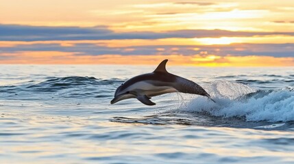 Fototapeta premium A dolphin leaps gracefully from the ocean's surface against a vibrant sunset, showcasing nature's beauty and marine life.