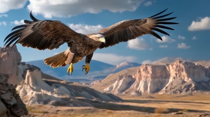 Fototapeta premium A majestic eagle soars over a stunning landscape, showcasing its powerful wings and keen hunting instincts against a backdrop of cliffs and open terrain.