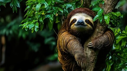 Fototapeta premium A sloth clings to a tree branch, surrounded by vibrant green leaves, showcasing its calm demeanor in a lush, tropical environment.