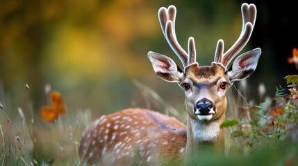 Fototapeta premium A graceful deer with antlers stands amidst tall grass and vibrant foliage, showcasing the beauty of nature in a serene setting.