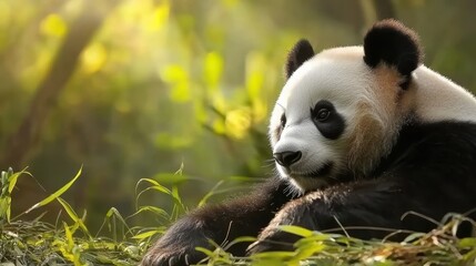 Obraz premium A serene panda rests amid lush greenery, showcasing its distinctive black and white fur in a peaceful natural setting.