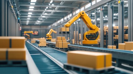 Automated handling of packages by robotic arms warehouse industrial process controlled environment aerial view efficiency concept