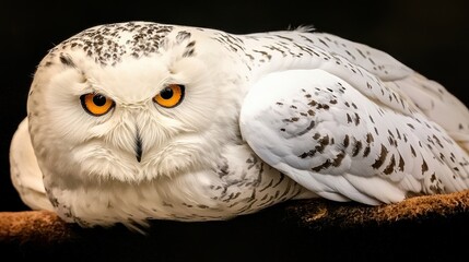 Obraz premium A majestic snowy owl with striking orange eyes sits calmly on a branch against a dark background.