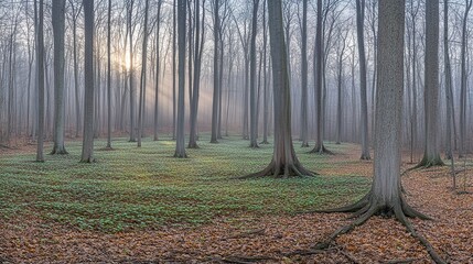 Obraz premium Sunrise mist forest clearing, spring, nature, calm