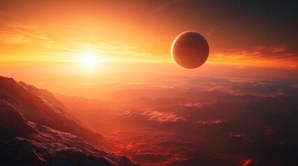 Alien planet sunset with a large moon or planet in the sky over a mountainous landscape.