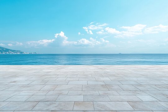 Empty waterfront patio, blue sky, city view, summer day