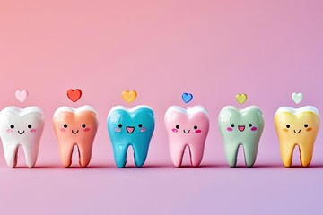 Obraz premium Colorful tooth characters with cheerful expressions line up against a pastel background, inviting patients to enjoy their dental experience