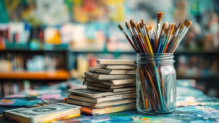 Obraz premium Financial success in hobby ventures with stacks of money and creative supplies as background 