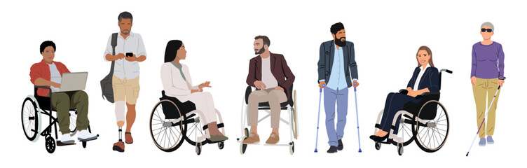 Multiracial disabled people character vector illustrations isolated, transparent background. Different Men women with special needs, prosthesis, stick, in wheelchair, blind. Inclusive business concept