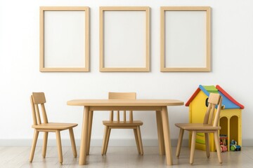Children's Playroom with Wooden Table, Chairs, and Toy House
