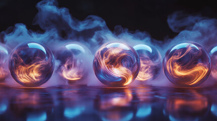 A dynamic sequence of translucent glass spheres, each containing a different pattern of swirling mist, arranged in a gradual visual progression on a clean