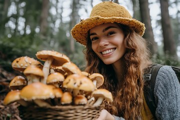 Woman holding basket of mushrooms in forest