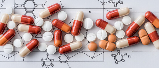 Drug Components in Capsules and Their Role in Pharmacology, Various capsules and tablets on chemical structure background