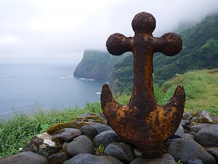 Rusty anchor, coastal viewpoint, misty mountains