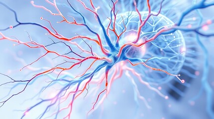 Detailed Neuron Cell Illustration Showing Neural Network Connections in Blue and Red