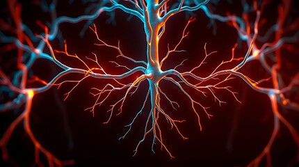 Close-up of Neuron Network with Glowing Orange and Blue Synapses