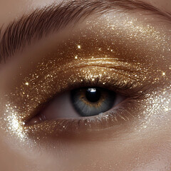 Shimmering golden eye makeup with sparkling glitter during a beauty session