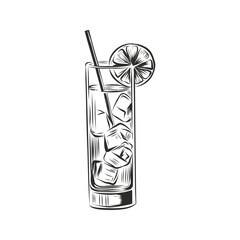 Glass of mohito cocktail with ice cubes and lime. Glass with long island ice tea, Cuba Libre, mojito cocktail, caipirinha. Black and white Sketch. Vector illustration isolated on  background