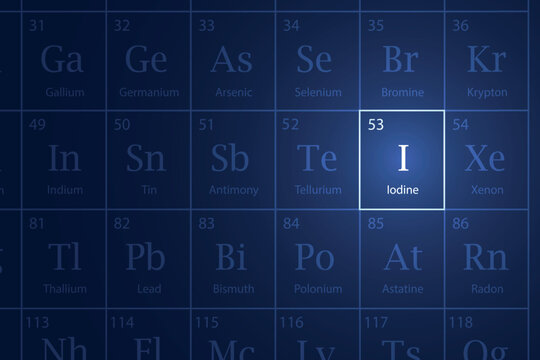 Iodine element glowing in a dark periodic table