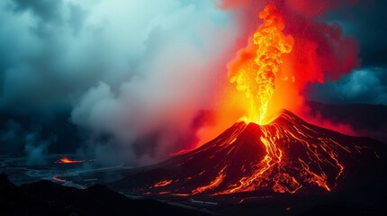 3D illustration of a volcanic eruption with a lava flow, Nature disaster
