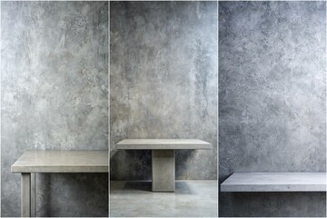 Three tables are shown in a row, with a grey wall behind them. The tables are all made of concrete and are placed in front of a wall. Scene is simple and minimalistic, with the focus on the tables