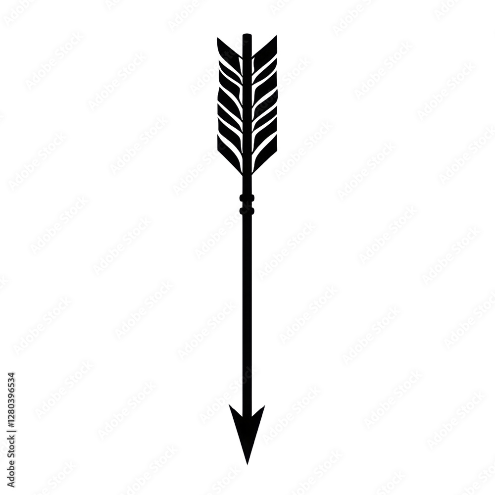 Poster simple black arrow with feathers, symbolizing direction and movement. This graphic can be used in various designs and contexts